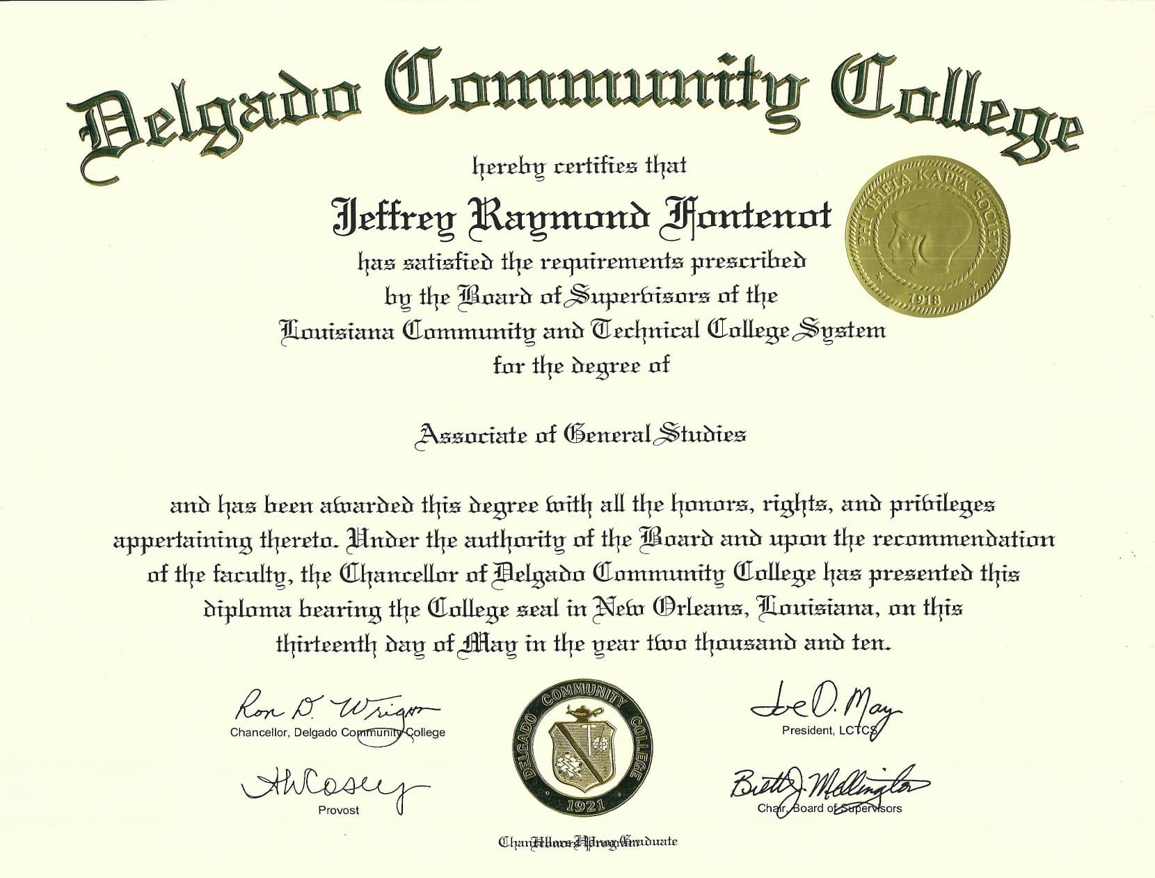 Delgado Community College, New Orleans diploma