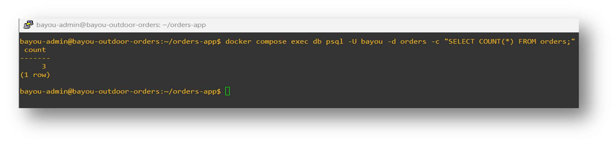 On-premises SQL row count showing three orders before the simulated outage