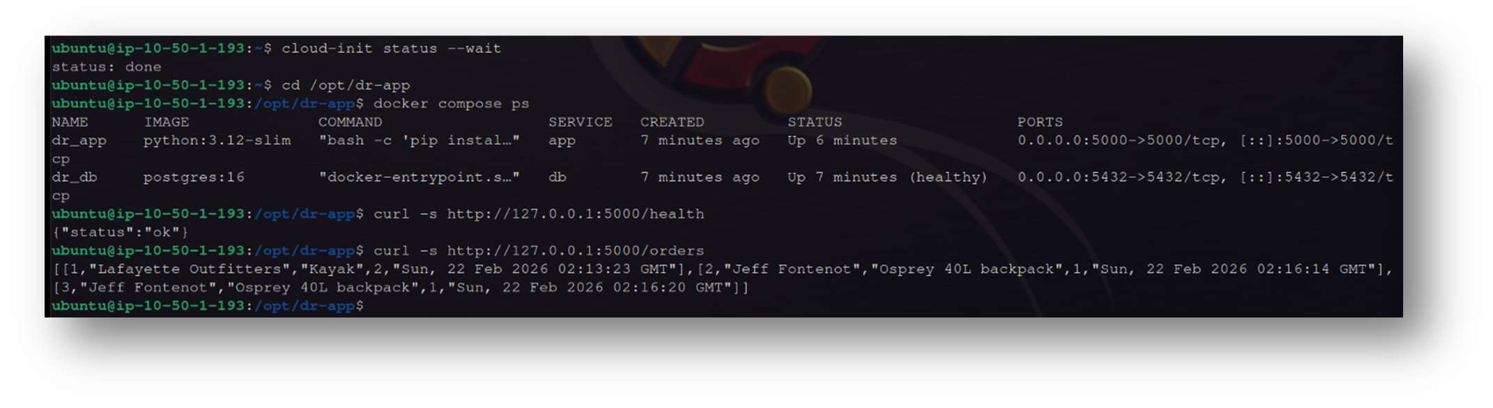 Recovered EC2 containers, health endpoint, and orders endpoint showing the restored records